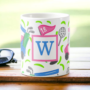Caneca De Café Carrinho de Golfe Rosa Verde Personalizado Monogra