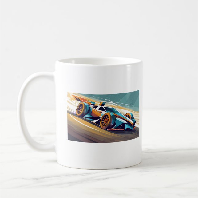 Caneca De Café Carro de corridas azul e laranja na pista (Esquerda)