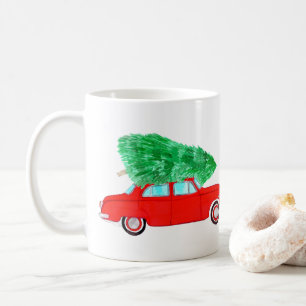 Caneca De Café Carro Vermelho com árvore de Natal