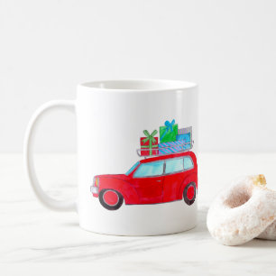 Caneca De Café Carro Vermelho com Dobras de Natal Aquarela
