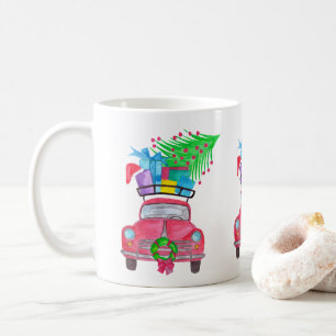 Caneca De Café Carro Vermelho com Dobras de Natal Aquarela
