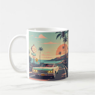 Caneca De Café Carro vintage retrorreflector na estrada de praia