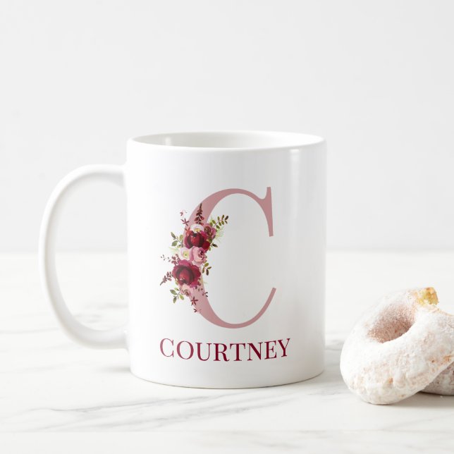 Caneca De Café Carta C Floral Burgundy Blush (Com Donut)