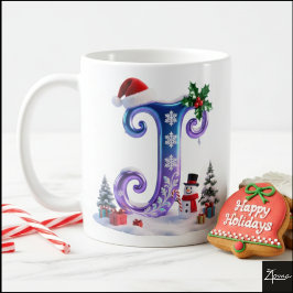 Caneca De Café Carta J de Natal Iridescente com Boneco de Neve
