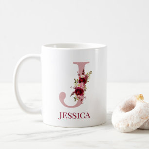 Caneca De Café Carta J Floral Borgonha Bege