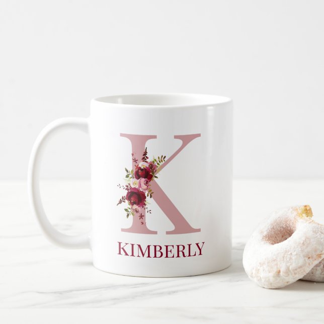 Caneca De Café Carta K Floral Burgundy Blush (Com Donut)