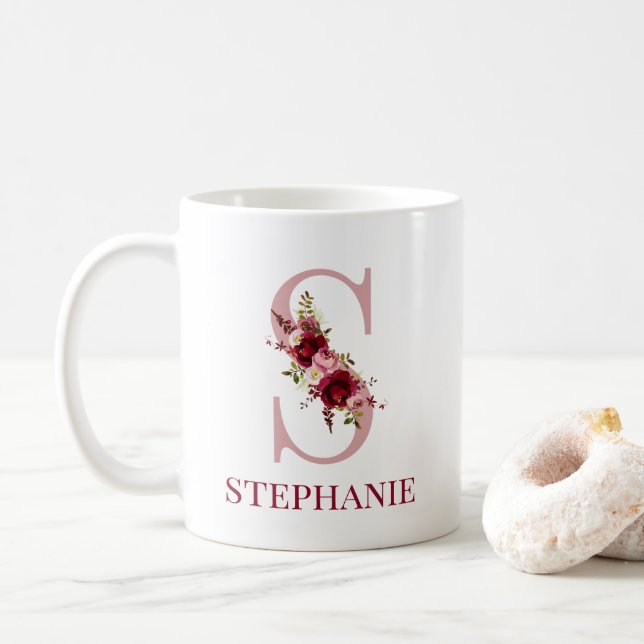 Caneca De Café Carta S Borgonha Bege Floral (Com Donut)