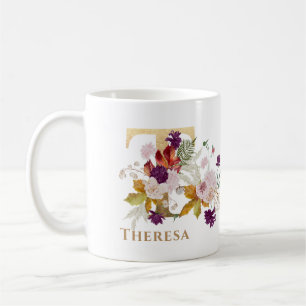 Caneca De Café Carta T - Nome Floral Dourado amigo colega de trab
