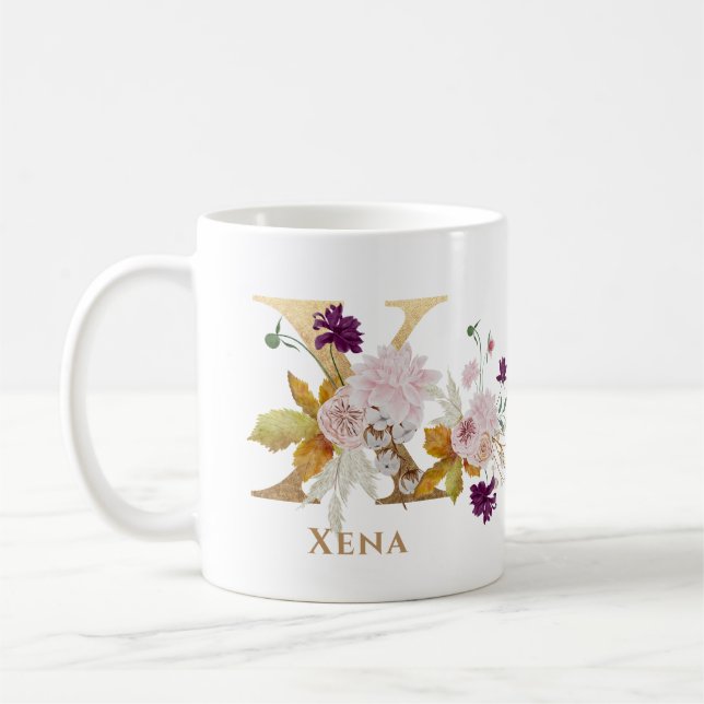 Caneca De Café Carta X - Nome Floral Dourado amigo colega de trab (Esquerda)