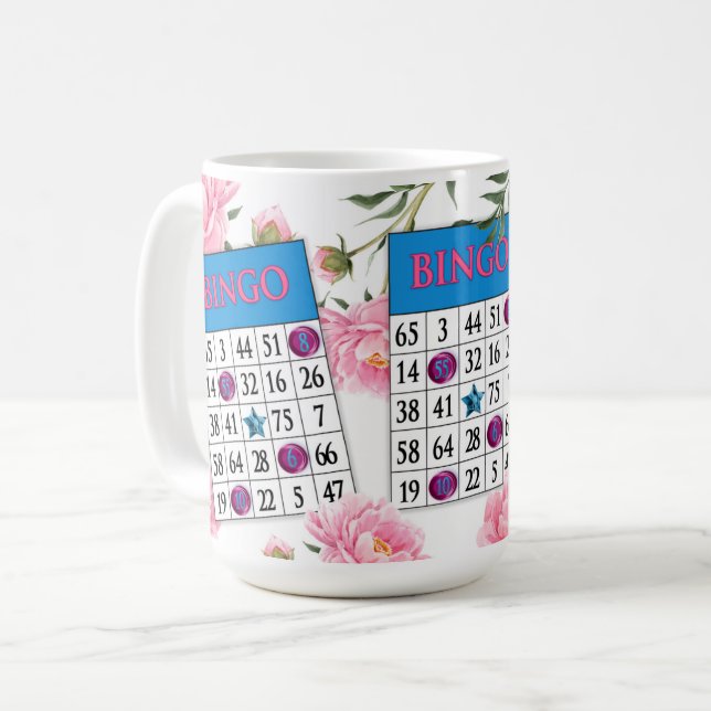 Caneca De Café Cartão de Bingo com Flores Rosa Densas (Frente Esquerda)