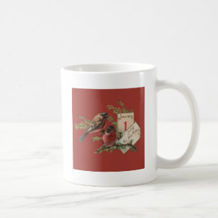 Caneca De Café Cartão de Férias Antigo Pássaros de Ano Novo