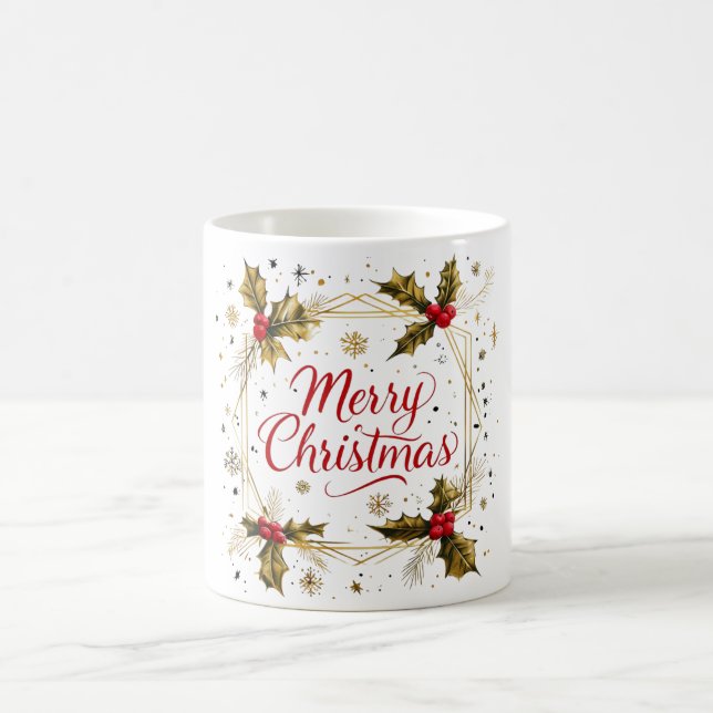 Caneca De Café Cartão de Natal Clássico e Feliz com Holly Design (Centro)