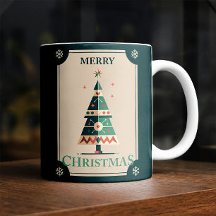 Caneca De Café Cartão de Natal Retro com Design de Árvore Geométr