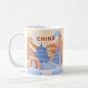 Caneca De Café Cartaz de Viagem de Pequim China   Azul Pastel e P