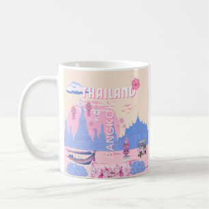 Caneca De Café Cartaz de Viagem Pastel Azul Rosa de Banguecoque T