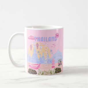 Caneca De Café Cartaz de Viagem Rosa Pastel Azul Banguecoque Tail