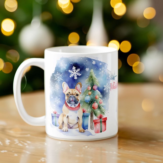 Caneca De Café Cartões de natal de Bulldog Franceses para pessoas (French bulldog Christmas gift personalized mug with cute French bulldog puppy watercolor dog lovers)