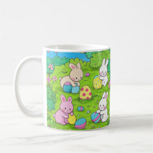 Caneca De Café Cartoon Bunnies de Páscoa e ovos coloridos