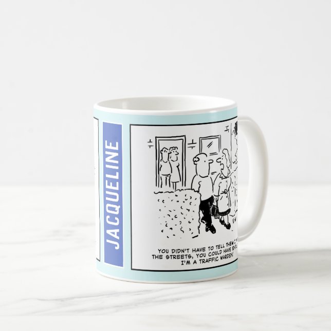 Caneca De Café Cartoon de guarda de trânsito. Adicione o nome da  (Frente Esquerda)
