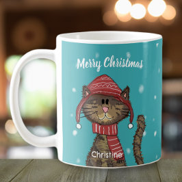 Caneca De Café Cartoon de Natal de Gato Bonito Personalizado