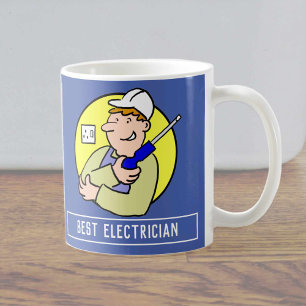 Caneca De Café Cartoon eletricista com a sua escolha de nome.