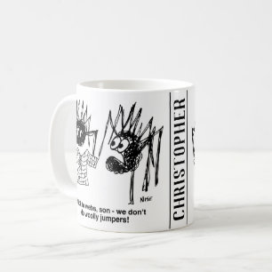 Caneca De Café Cartoon Engraçado de Aranhas - Um fez um jumper