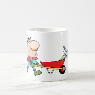 Caneca De Café Cartoon Farmer com Wheelbarrow e Ferramentas