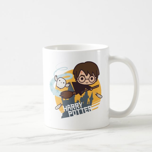 Caneca De Café Cartoon Harry e Hedwig Voando Passado Hogwarts (Direita)