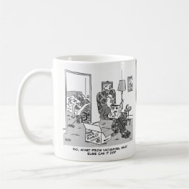Caneca De Café Cartoon Robô Engraçado. A esposa está na cama com