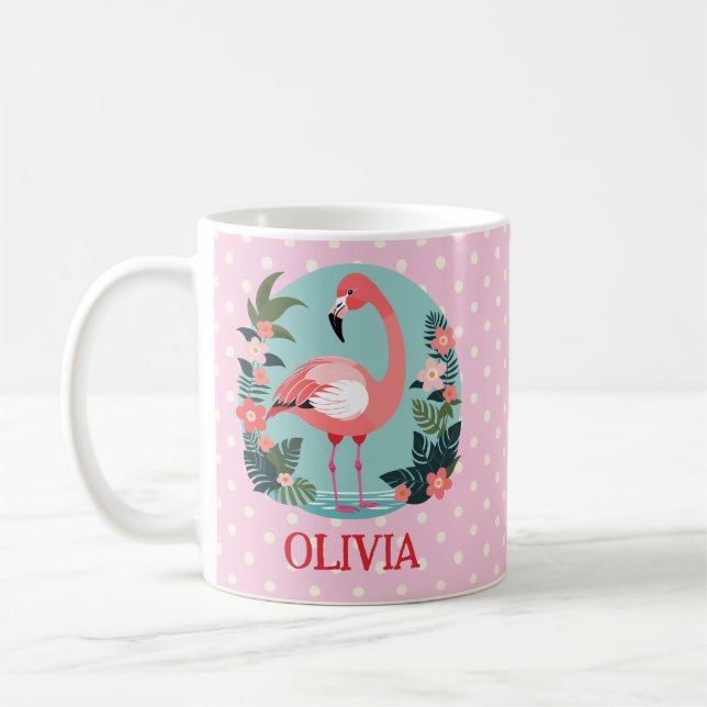 Caneca De Café Cartoon Rosa Flamingo e Bolinhas (Esquerda)