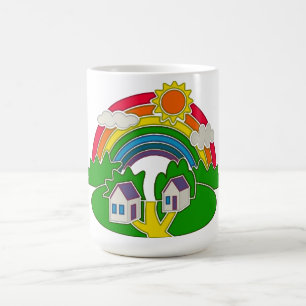 Caneca De Café Cartoon rural com arco-íris e casa de campo