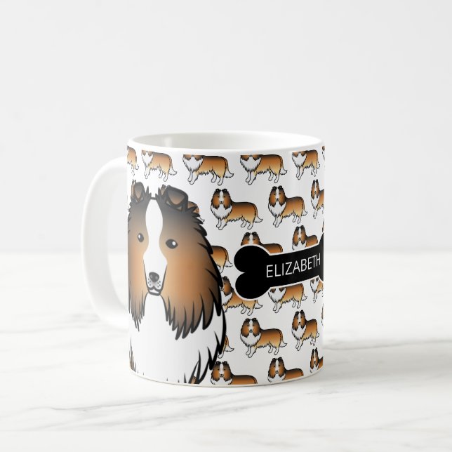 Caneca De Café Cartoon Sheltie de Pelo Sable com Osso de Cachorro (Frente Esquerda)