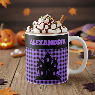 Caneca De Café Casa Assombrada de Halloween em Xadrez Roxo e Pret