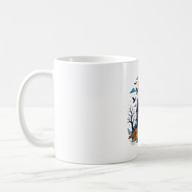 Caneca De Café Casa Assombrada Lua Cheia Morcegos Halloween Assus (Esquerda)