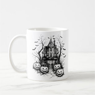 Caneca De Café Casa Assombrada Preto e Branco Halloween