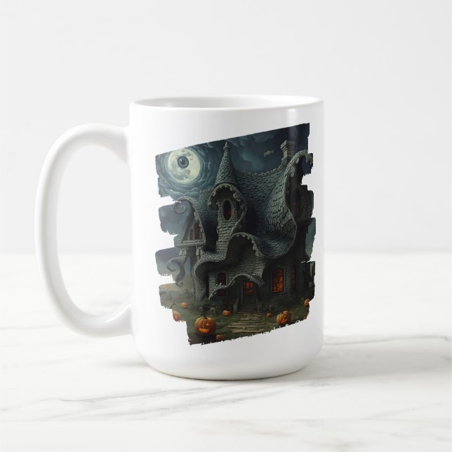 Caneca De Café Casa Assustadora Surreal com Pumpkins e Lua (Esquerda)