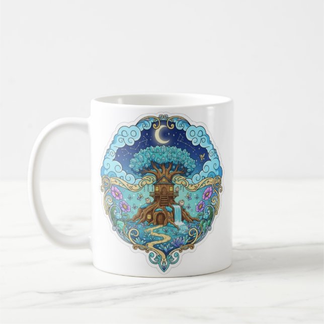 Caneca De Café Casa de Árvore Sob a Lua Fantasia ilustração mágic (Esquerda)