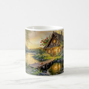 Caneca De Café Casa de Campo no Rio ao Pôr do Sol com Cachorro na