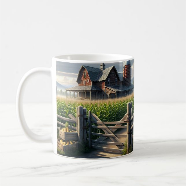 Caneca De Café Casa de Fazenda Rústica com Milharal Arte de IA (Esquerda)