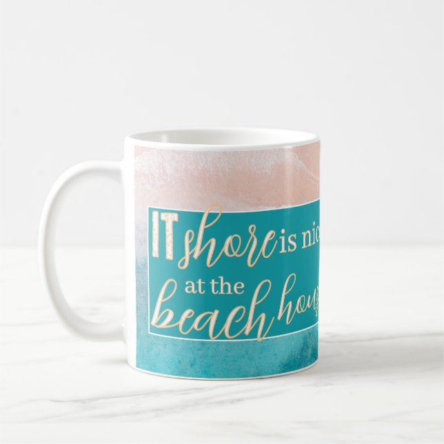 Caneca De Café Casa de Praia Trocadilho Script Elegante Nome da F (Esquerda)