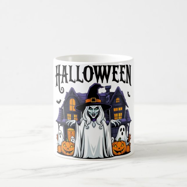 Caneca De Café Casa fantasma do Halloween, abóboras, bruxa, morce (Centro)
