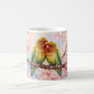 Caneca De Café Casais de Pássaros Amorosos em Estilo Geométrico E