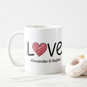 Caneca De Café Casal Amor Rabisco Coração Moderno Preto e Vermelh