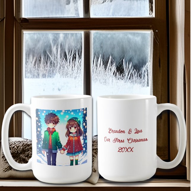 Caneca De Café Casal de Animação Bonita | Primeiro Natal (Criador carregado)