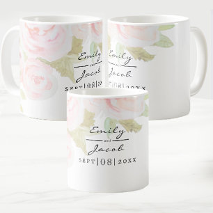 Caneca De Café Casal De Casamento De Cor De Água Floral Rosa Rosa