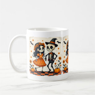 Caneca De Café Casal de esqueleto de Dia das Bruxas em Laranja