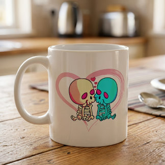 Caneca De Café Casal de Esqueletos Românticos Beijando em Coração