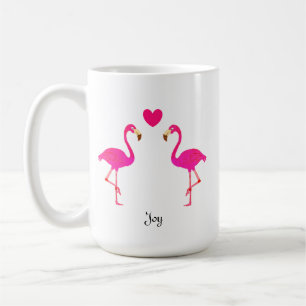 Caneca De Café Casal de flamingos fofos, coração & caligrafia