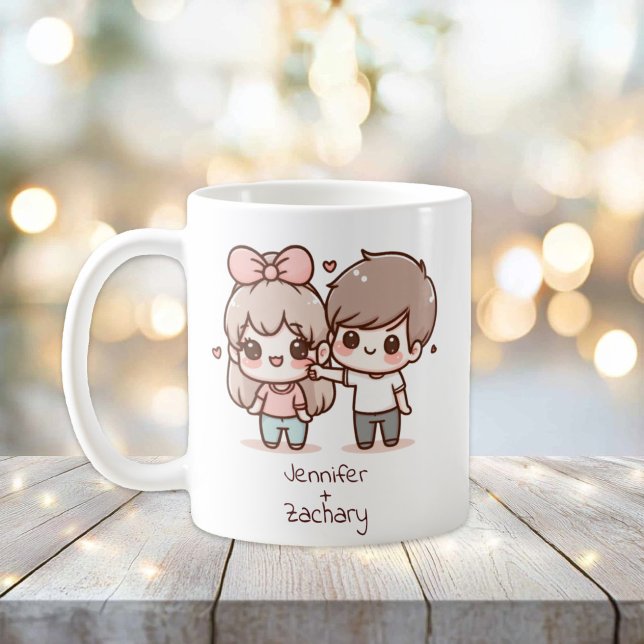 Caneca De Café Casal de Flirting de Estilo Chibi Personalizado (Personalized Chibi-Style Flirting Couple Mug)