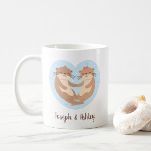 Caneca De Café Casal de Lontras Fofas de Mãos Dadas Personalizado